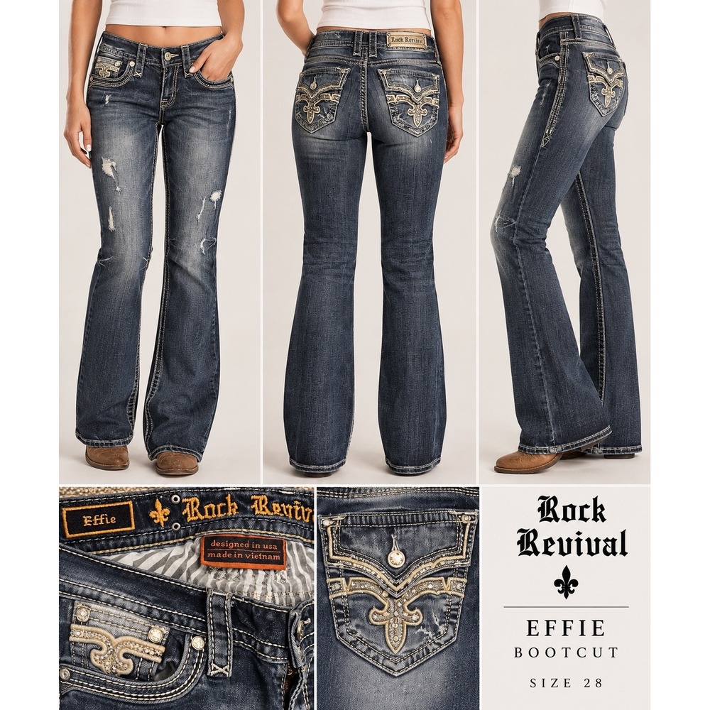 Rock Revival Effie Jeans Womens 28 Bootcut Distressed Rhinestone‎ Fleur De Lis